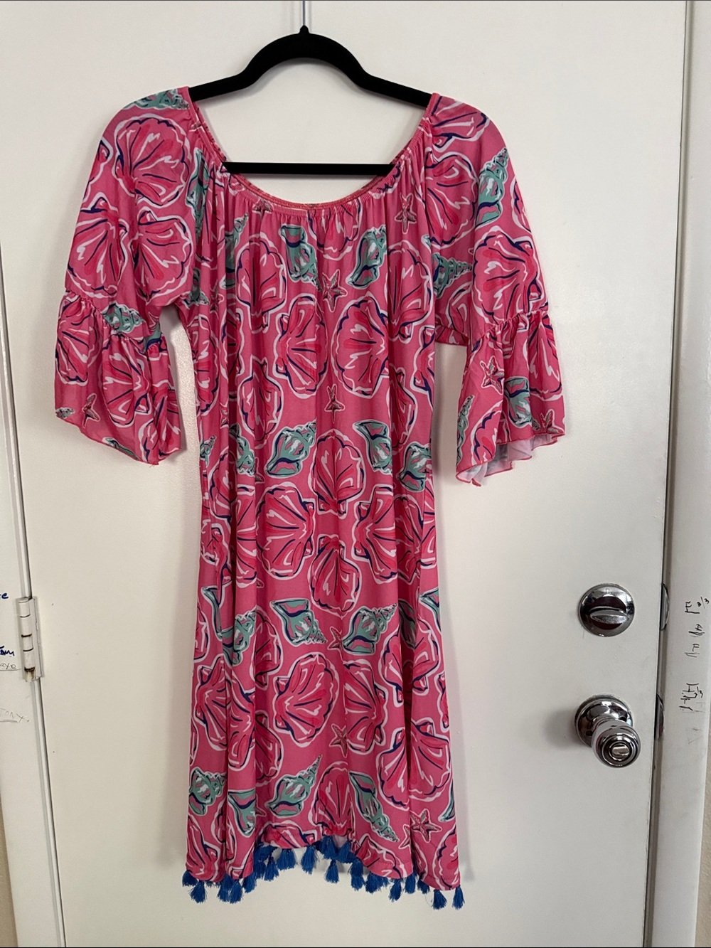 Simply Southern Pink /green Shell design Midi Dress with Blue Trim